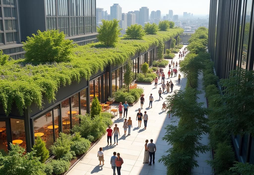 Centro comercial con techo verde y jardines urbanos sostenibles