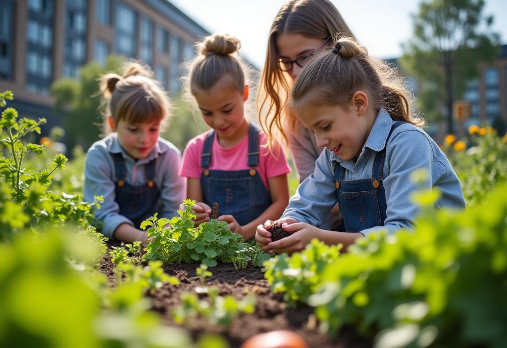 Huerto escolar con estudiantes aprendiendo educación ambiental