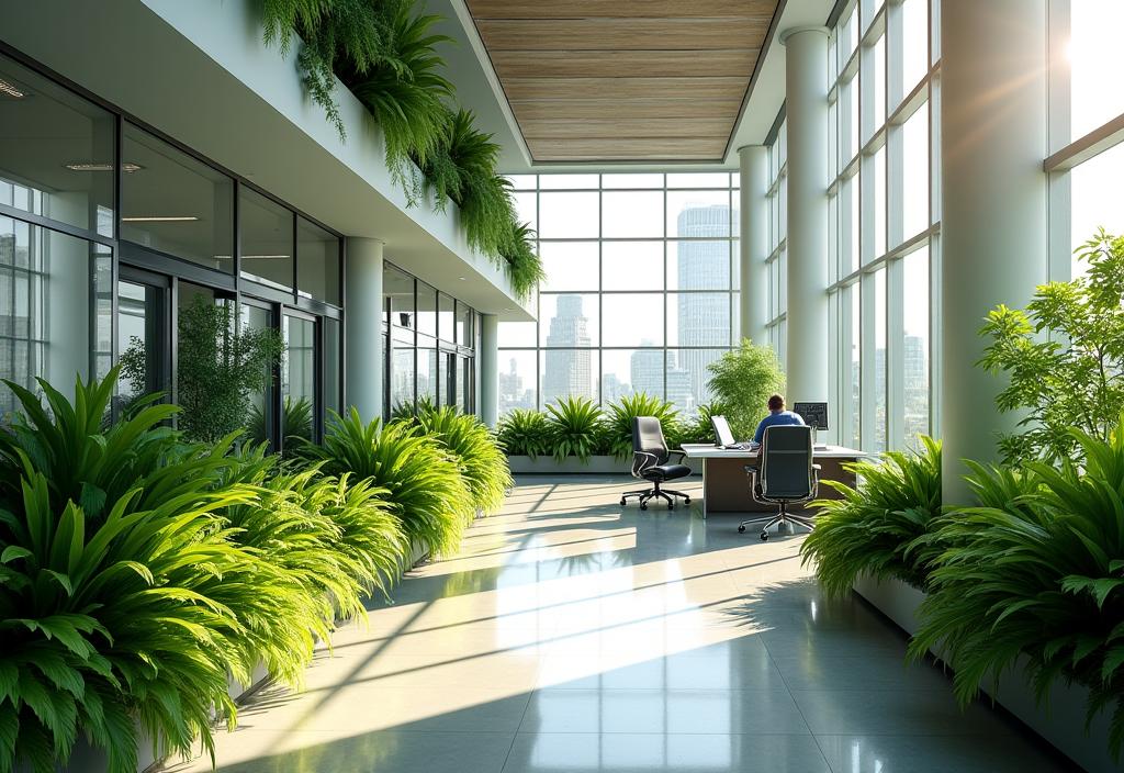 Oficina financiera con áreas verdes corporativas